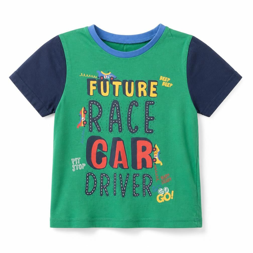 Front view of George boys’ green basic t-shirt, size 3-4, years - future race car driver