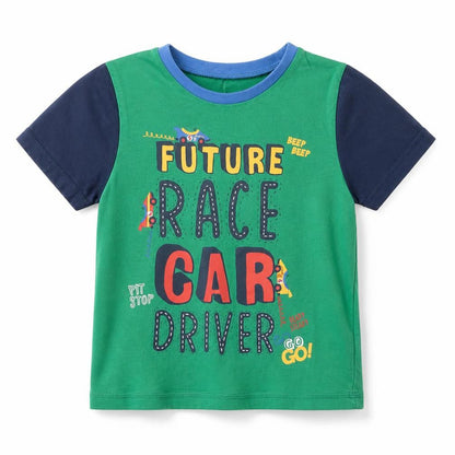 Front view of George boys’ green basic t-shirt, size 3-4, years - future race car driver