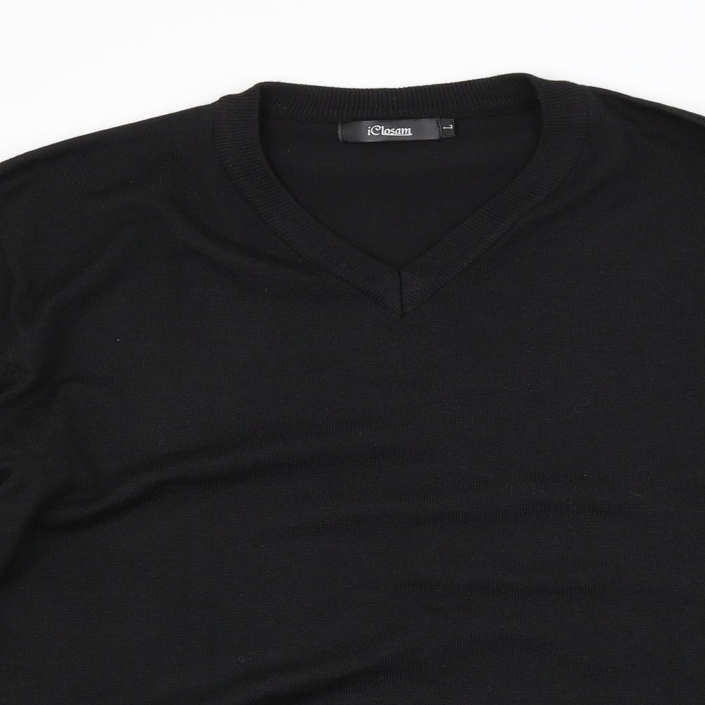 Close-up detail of iclosam men’s black jumper, size L