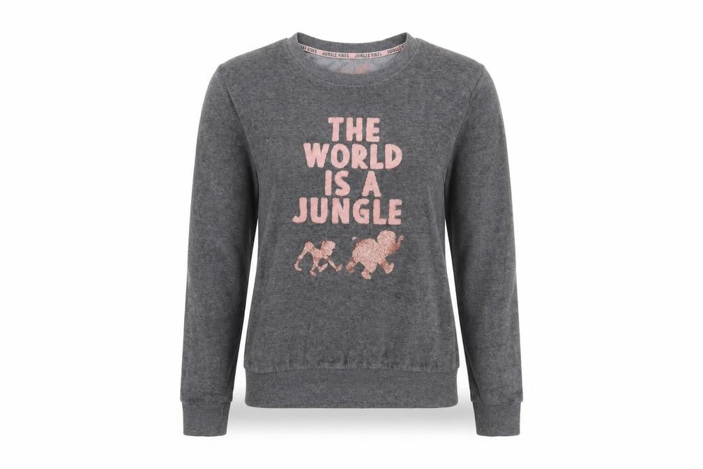 Front view of Primark women’s grey jumper, size XS, - loungewear, the world is a jungle