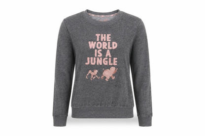Front view of Primark women’s grey jumper, size XS, - loungewear, the world is a jungle