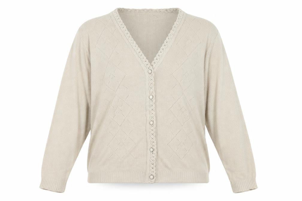 Front view of In stitches women’s beige cardigan jumper one size