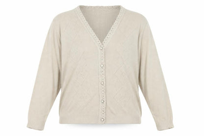 Front view of In stitches women’s beige cardigan jumper one size