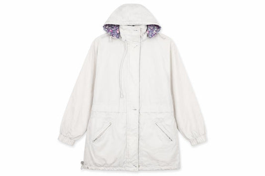 Front view of Elegance women’s white parka coat, size S
