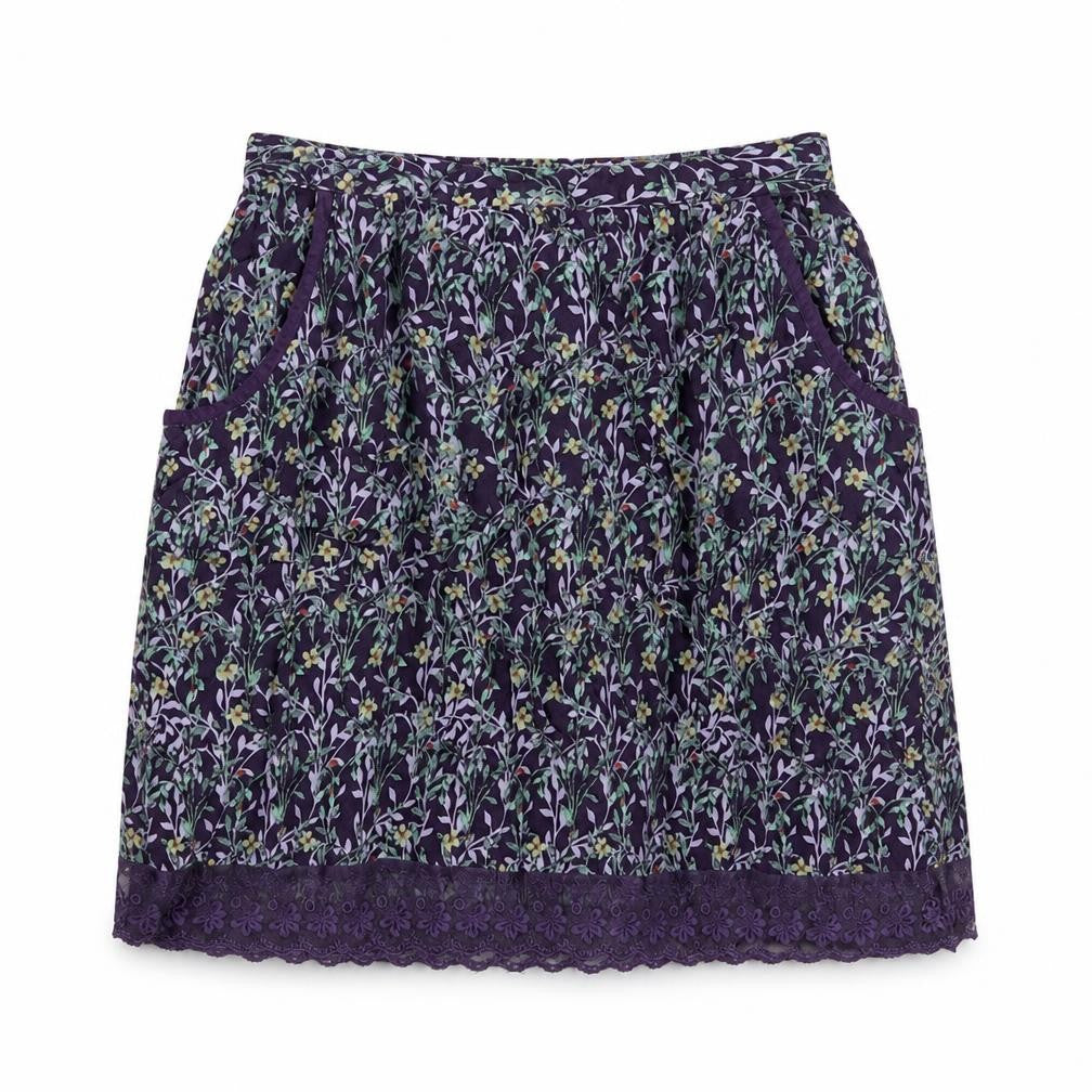 Front view of Marks & Spencer women’s purple floral a-line skirt, size UK 8