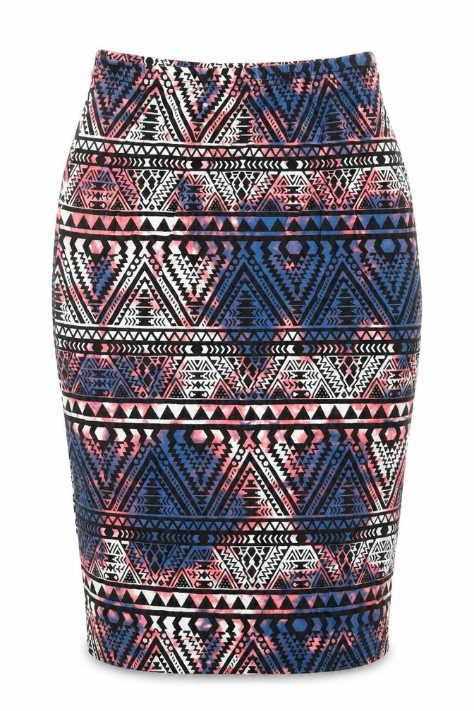 Front view of Preworn women’s blue geometric straight & pencil skirt, size UK 23, in