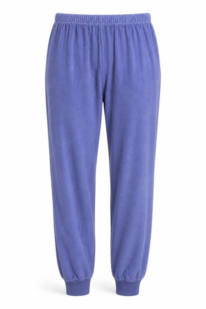 Front view of Preworn women’s purple trousers, size L, 28-inch leg - loungewear