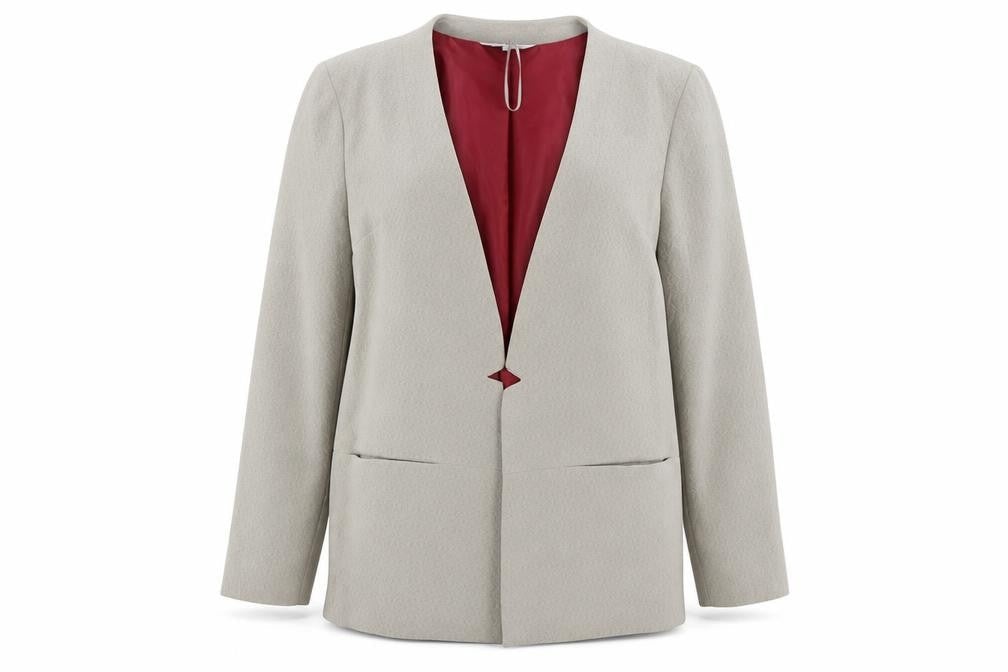 Front view of Lola Skye women’s beige jacket blazer, size UK 16