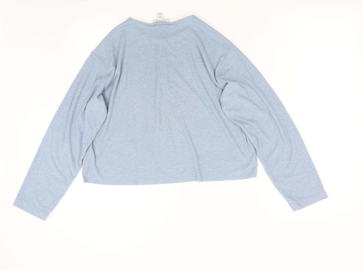 Back view of Topshop women’s blue pullover sweatshirt, size UK 8