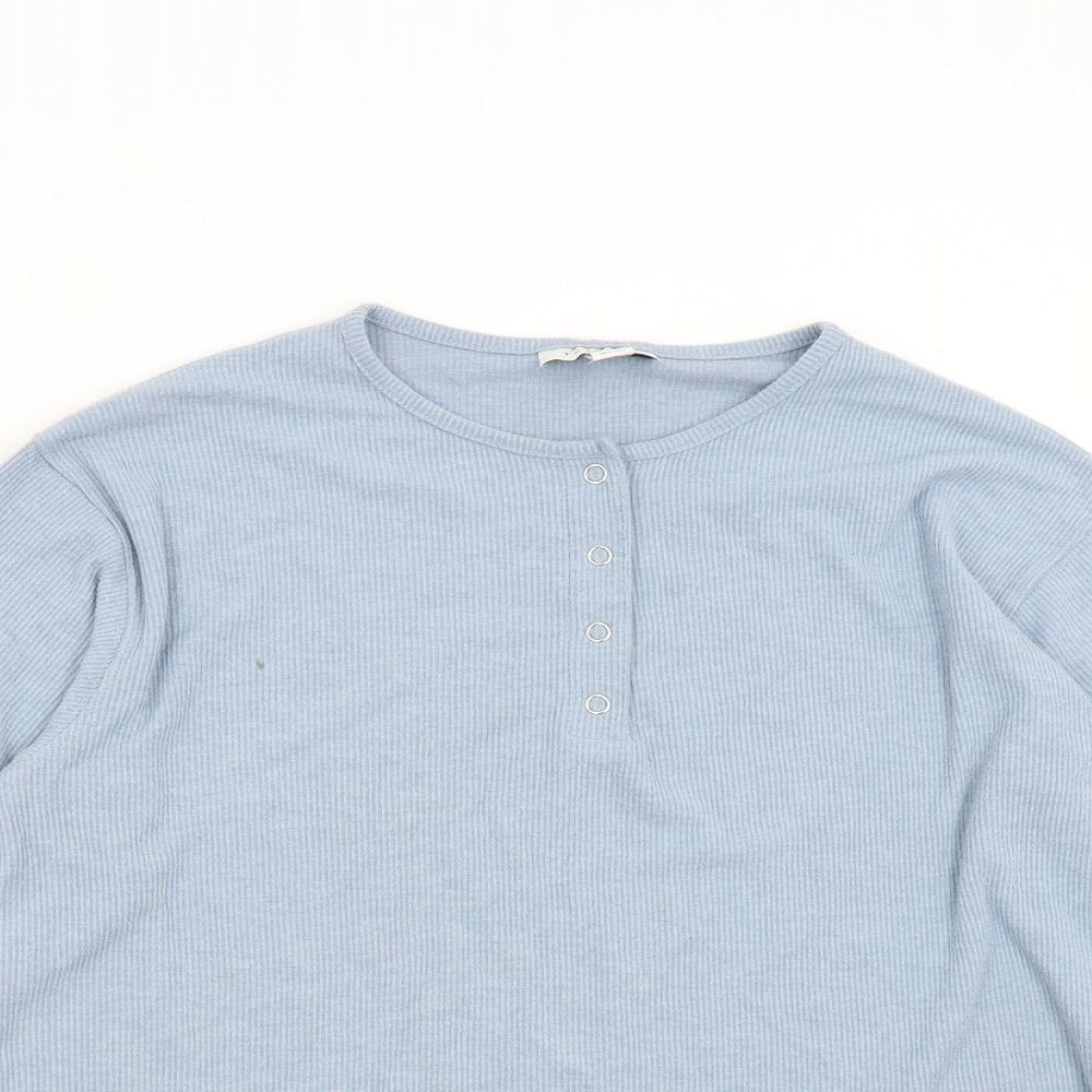 Close-up detail of Topshop women’s blue pullover sweatshirt, size UK 8