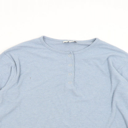 Close-up detail of Topshop women’s blue pullover sweatshirt, size UK 8