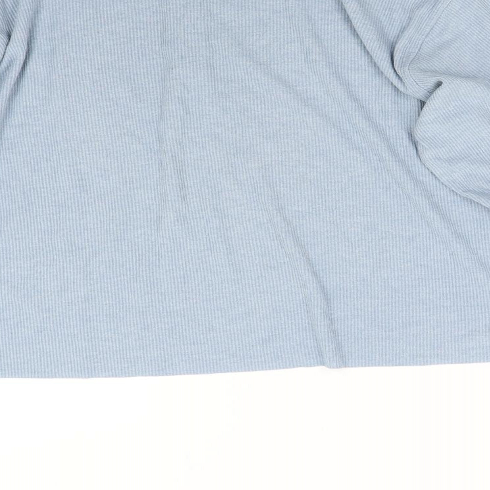 Brand and care label for Topshop women’s blue pullover sweatshirt, size UK 8