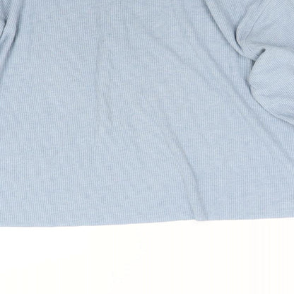 Brand and care label for Topshop women’s blue pullover sweatshirt, size UK 8