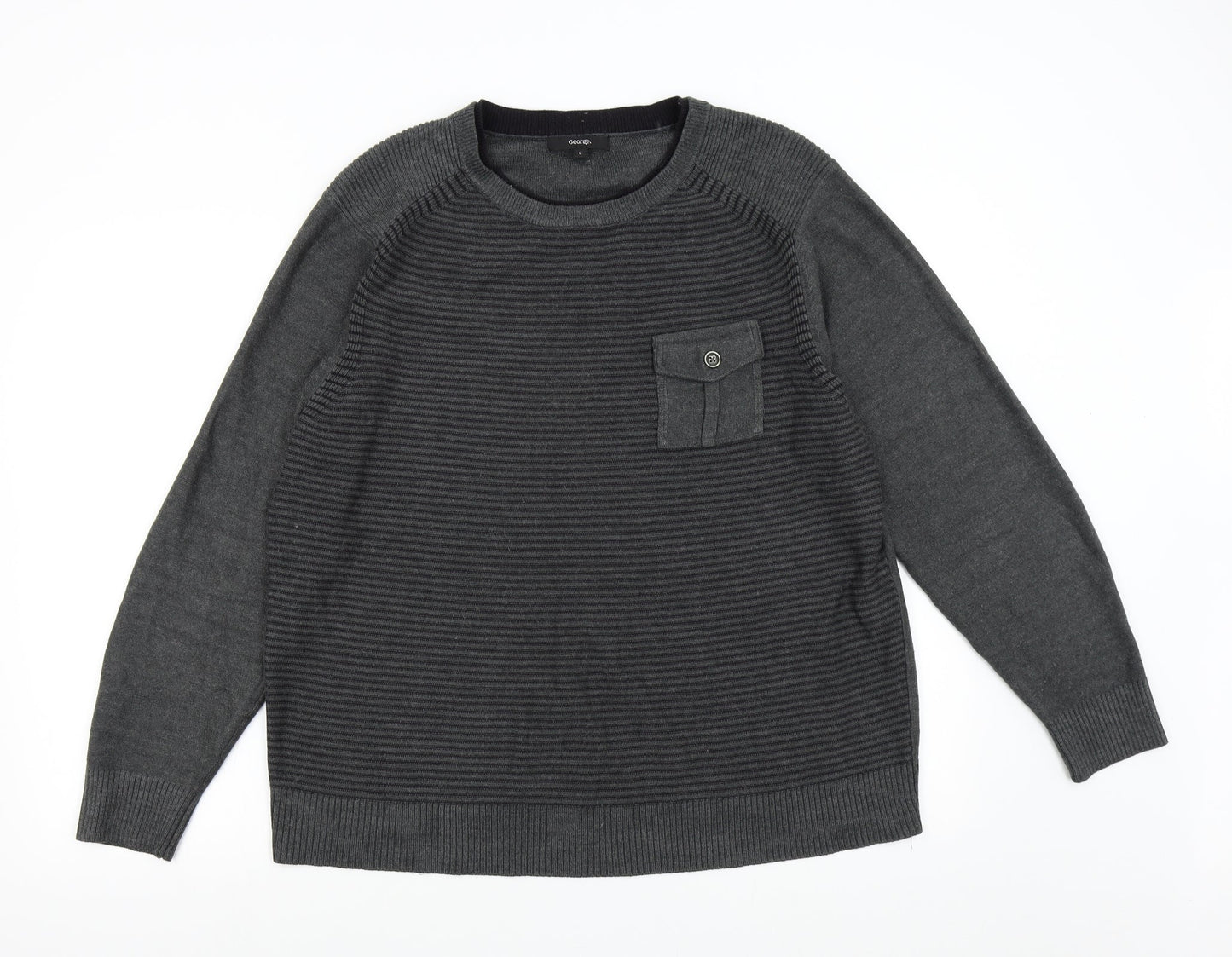 George Mens Grey Striped Knit Pullover Jumper Size L