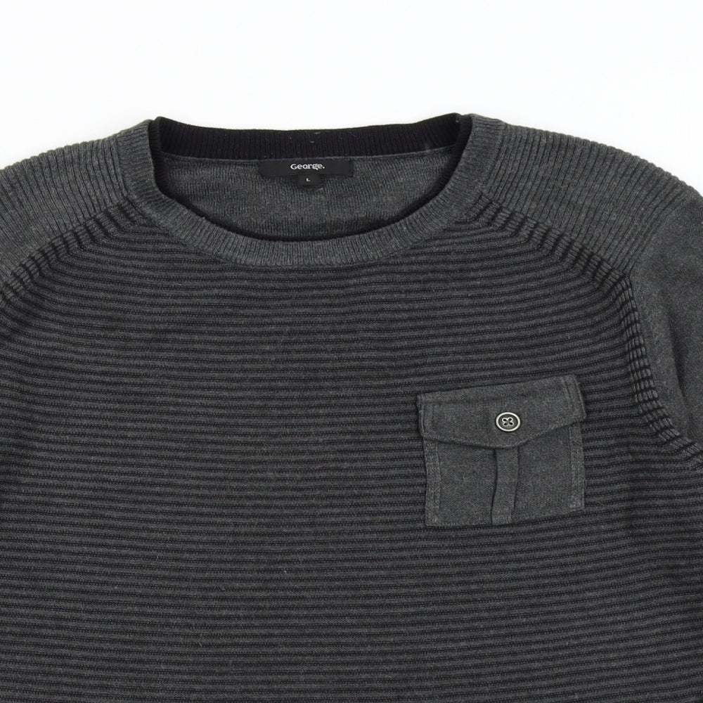 George Mens Grey Striped Knit Pullover Jumper Size L