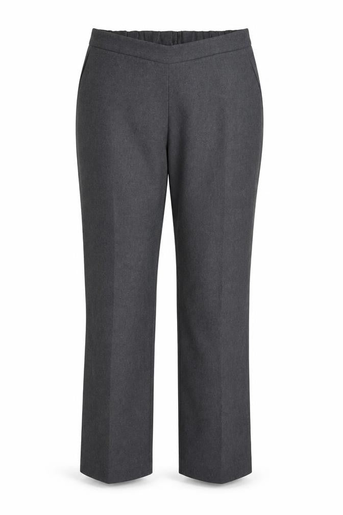 Front view of Bonmarché women’s grey dress pants trousers, size UK 16, 28-inch leg
