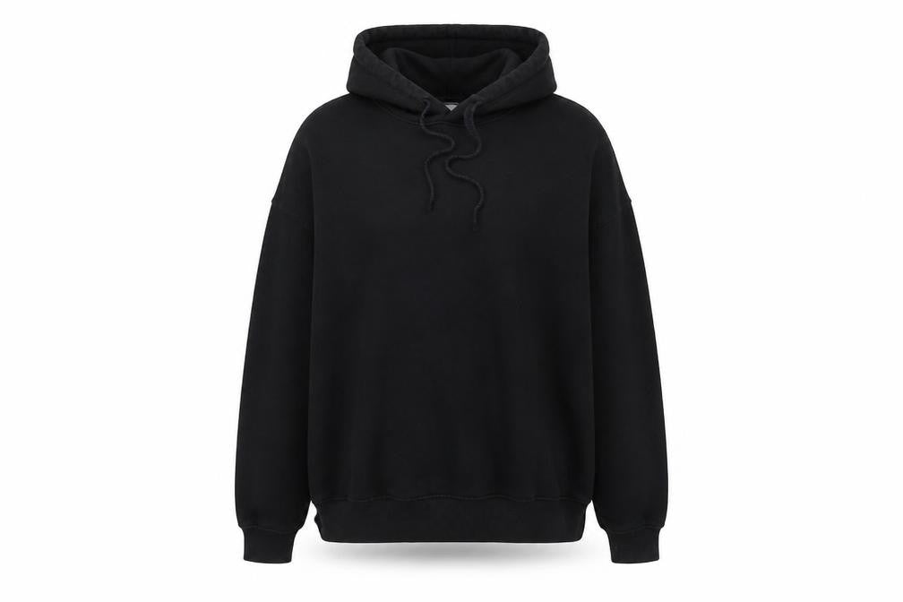 Front view of H&M women’s black pullover hoodie, size S