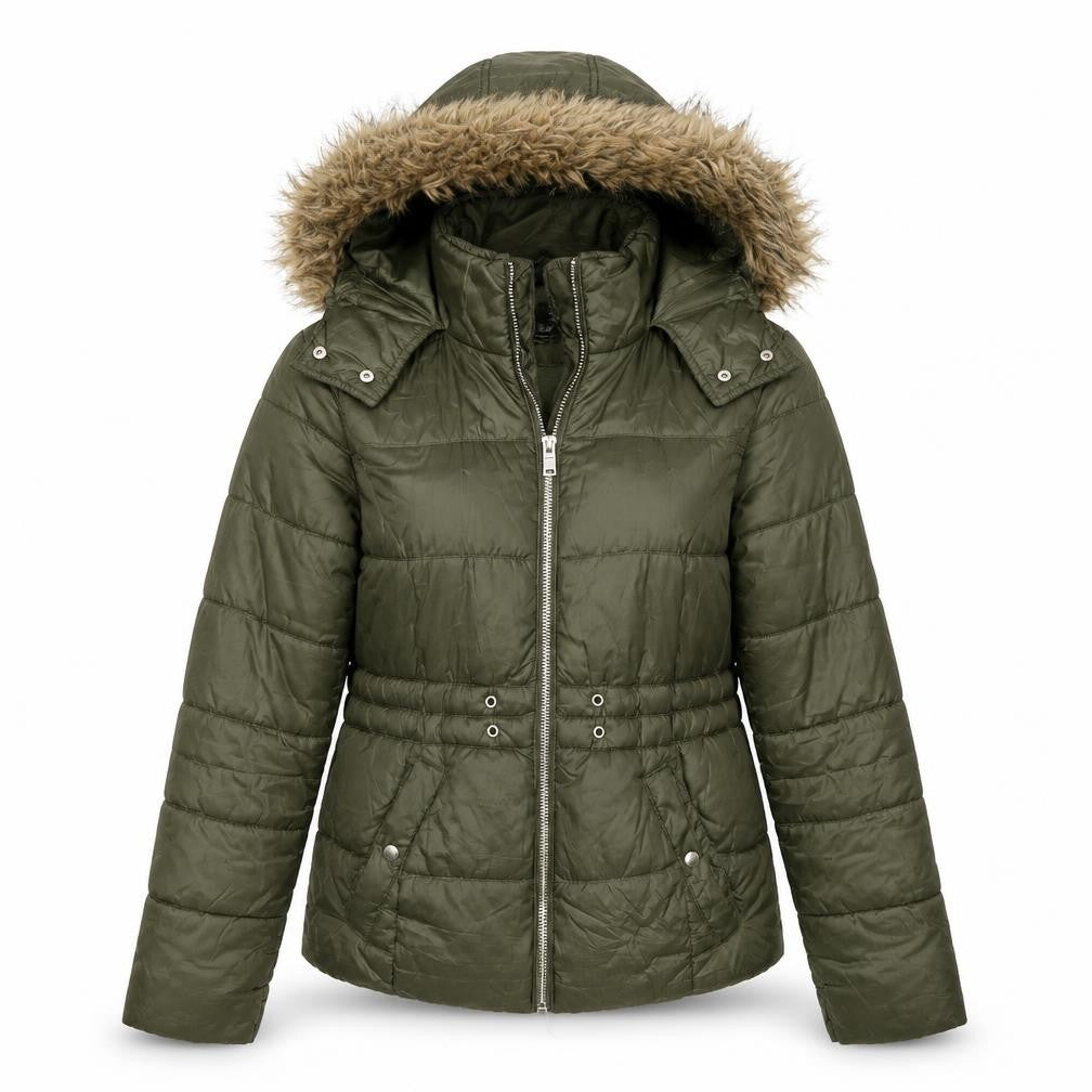 Front view of Primark women’s green overcoat coat, size XS