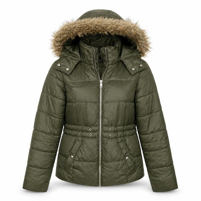 Front view of Primark women’s green overcoat coat, size XS