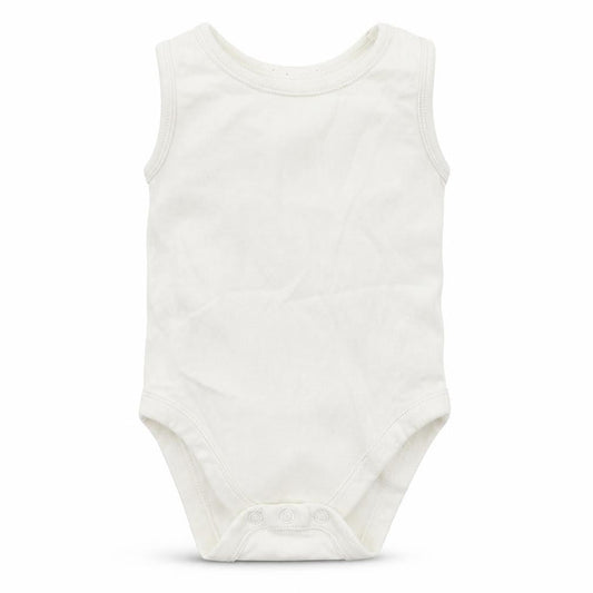 Front view of Nutmeg Baby White Babygrow One-Piece, size 9-12, Months