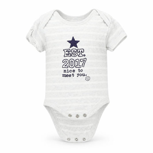 Front view of Nutmeg boys’ grey striped babygrow one-piece, size 0-3, months