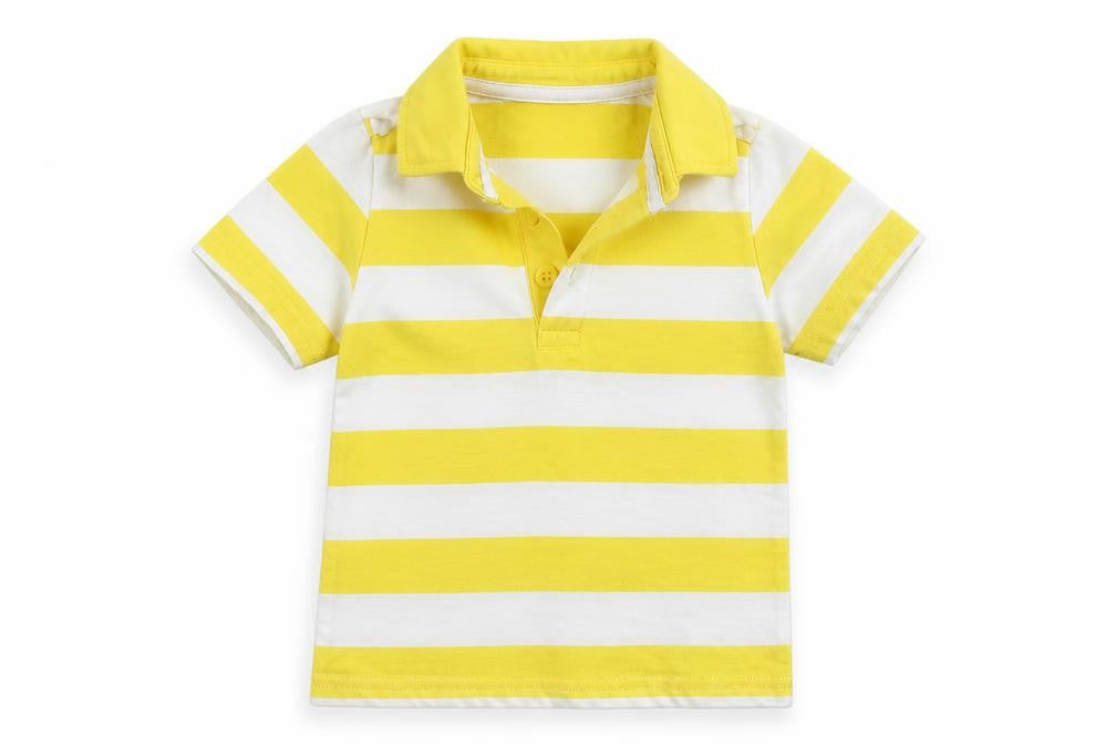 Front view of Mini Club Baby Yellow Striped Basic Polo, size 12-18, Months