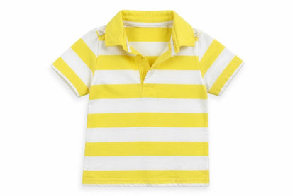 Front view of Mini Club Baby Yellow Striped Basic Polo, size 12-18, Months