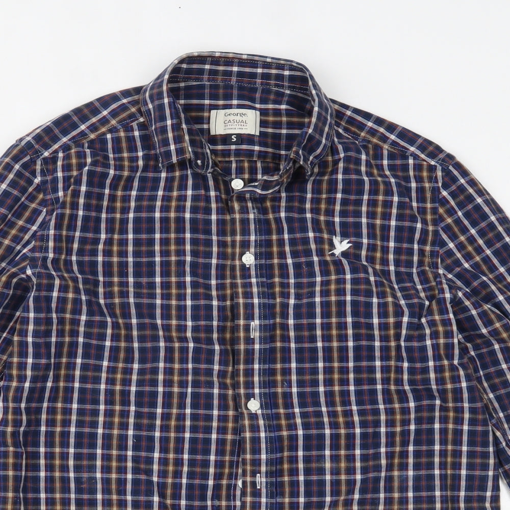 George Mens Blue Plaid   Button-Up Size S