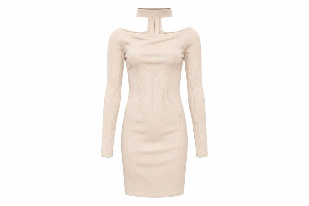 Front view of Tu women’s beige bodycon, size UK 12, - with collar