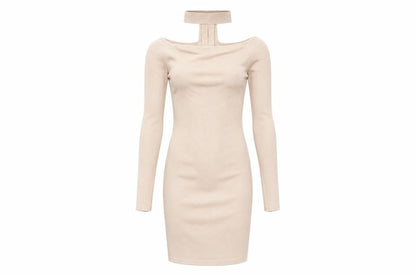 Front view of Tu women’s beige bodycon, size UK 12, - with collar