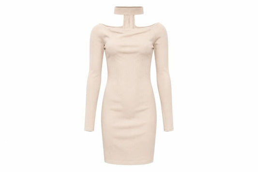 Front view of Tu women’s beige bodycon, size UK 12, - with collar