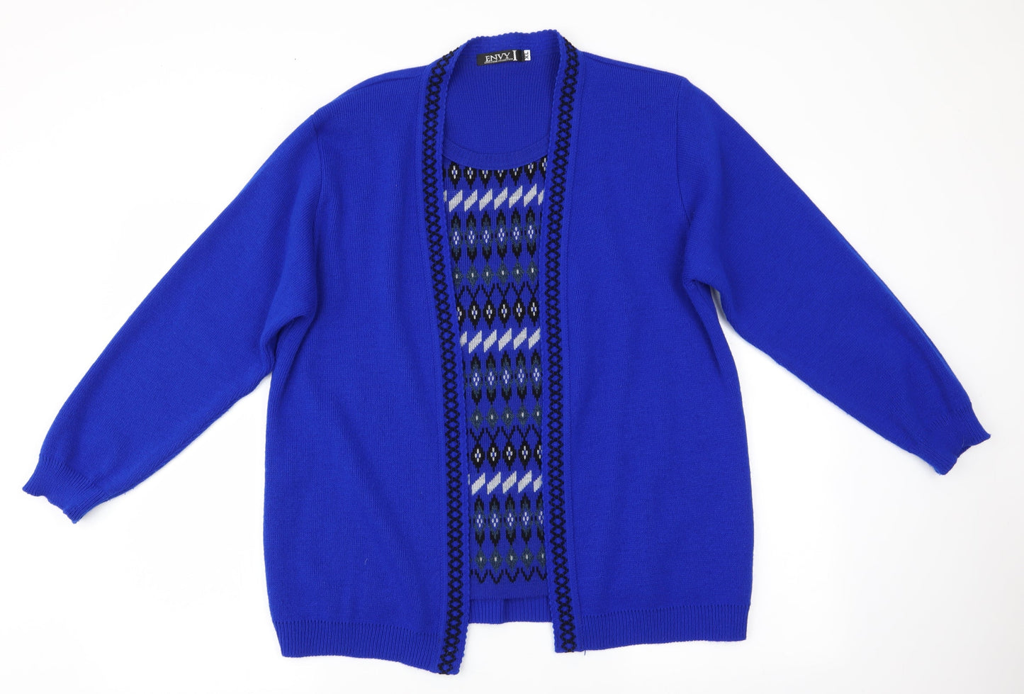 Envy Womens Blue Geometric  Pullover Jumper Size XL  - Faux Cardigan Front