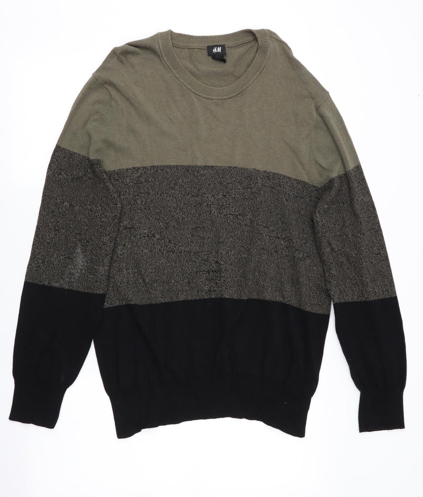 H&M Mens Green Striped  Pullover Jumper Size L