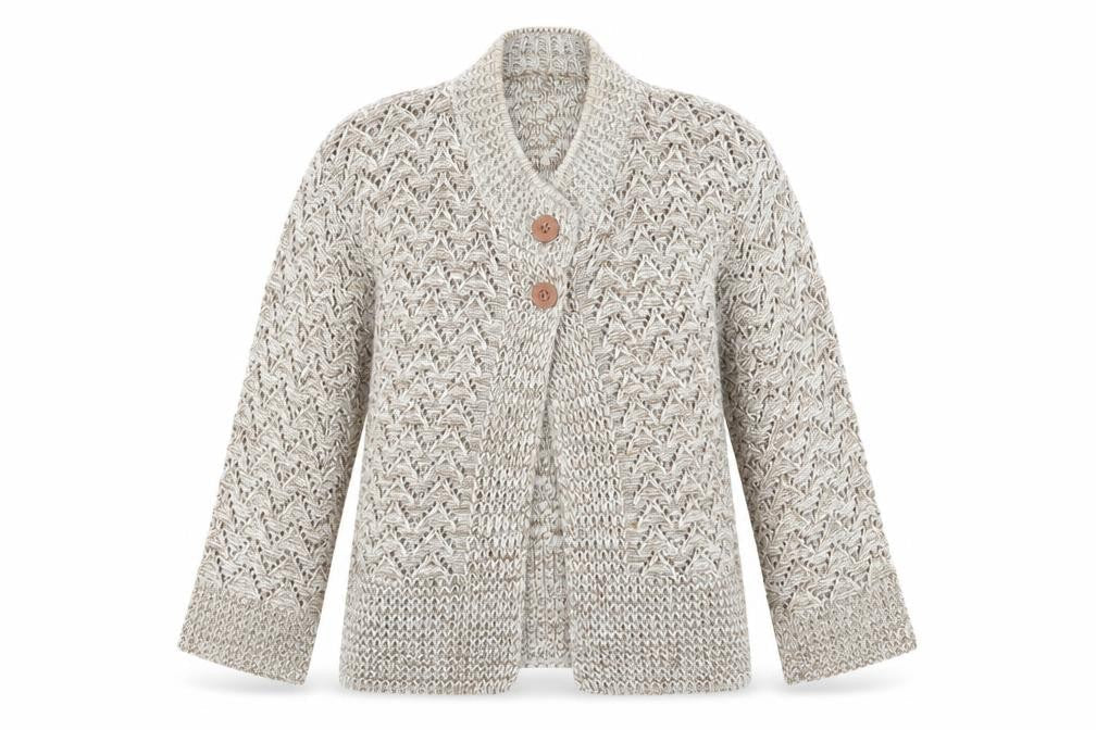 Front view of Preworn women’s brown cardigan jumper, size S, - open knit