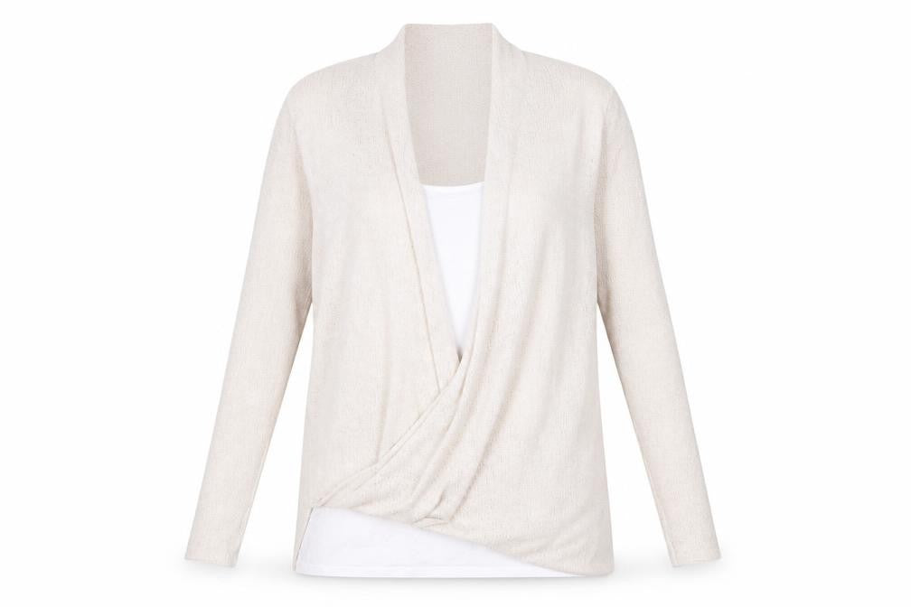 Front view of Green Envelope women’s beige jumper, size L, - faux t-shirt front