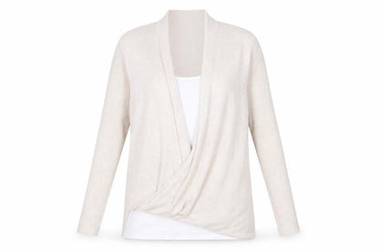 Front view of Green Envelope women’s beige jumper, size L, - faux t-shirt front