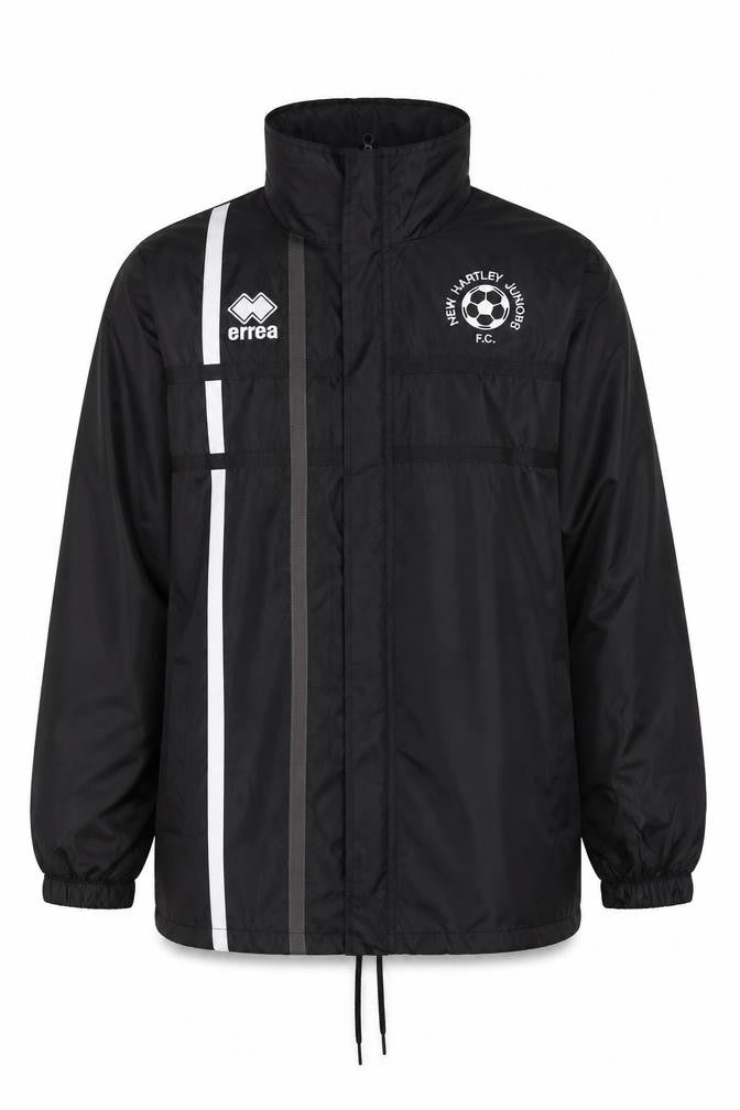 Front view of Errea men’s black rain coat coat, size M, - new hartley juniors f.c.