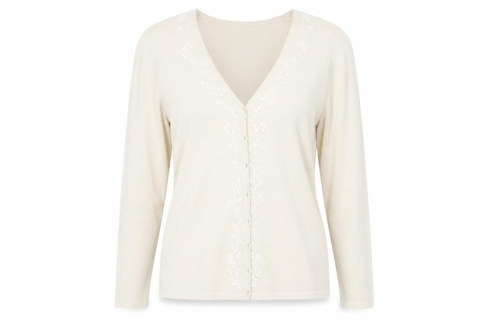 Front view of BHS women’s beige cardigan jumper, size UK 14