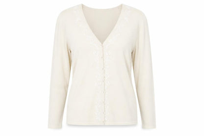 Front view of BHS women’s beige cardigan jumper, size UK 14