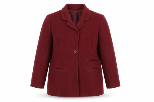 Front view of Sensations women’s red overcoat coat, size UK 14