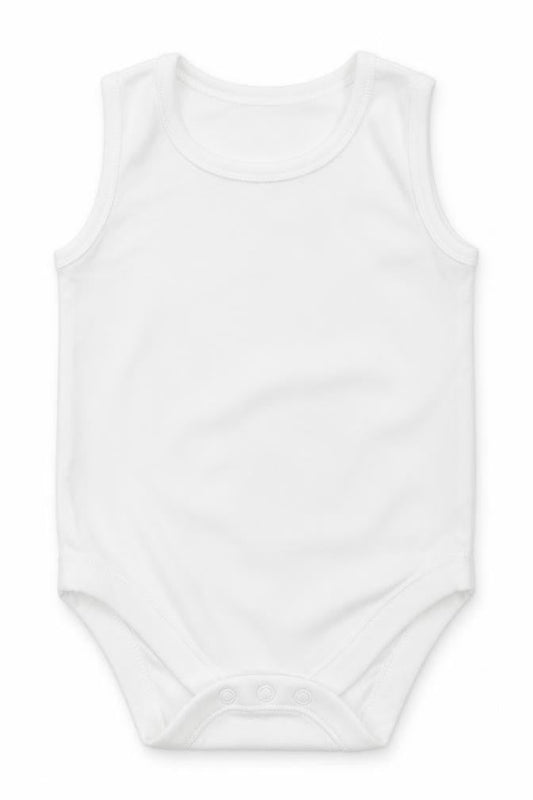 Front view of Nutmeg Baby White Babygrow One-Piece, size 6-9, Months