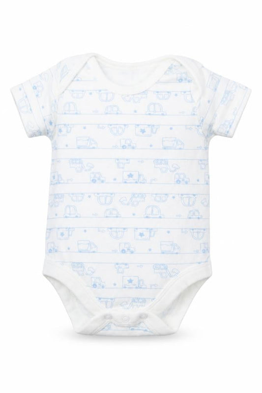 Front view of Tu Baby White Babygrow One-Piece, size 3-6, Months - Blue Cars