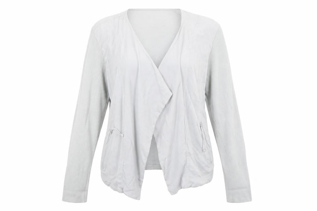 Front view of Marks & Spencer women’s grey cardigan jumper, size UK 14