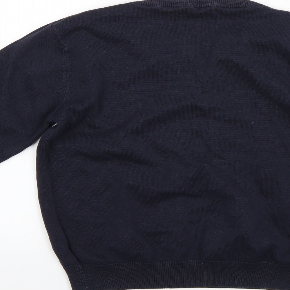 Brand and care label for George boys’ blue jumper, size 8-9, years
