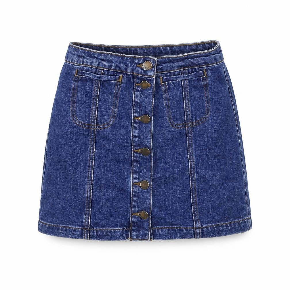 Front view of Topshop women’s blue denim mini skirt, size UK 25, in