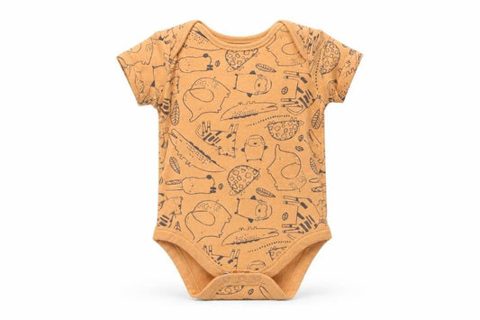 Front view of ANYDAY girls’ orange animal print babygrow one-piece, size 3-6, months