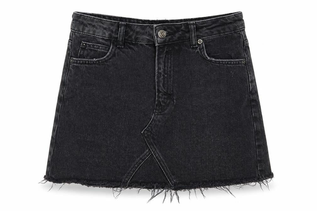 Front view of Topshop women’s black denim a-line skirt, size UK 6