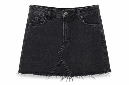Front view of Topshop women’s black denim a-line skirt, size UK 6