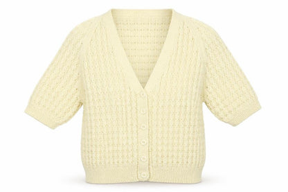 Front view of Preworn women’s white knit cardigan jumper, size UK 10