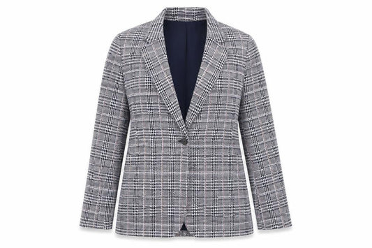 Front view of Gap women’s blue plaid jacket blazer, size UK 6